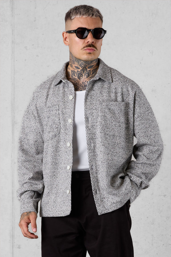 BEIGE HERRINGBONE OVERSIZED FLANNEL SHIRT
