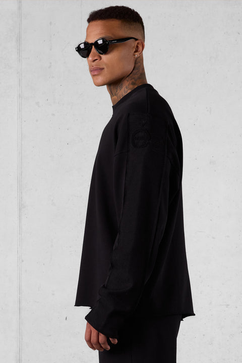 BLACK APPLIQUÉ DISTRESSED OVERSIZED SWEATER