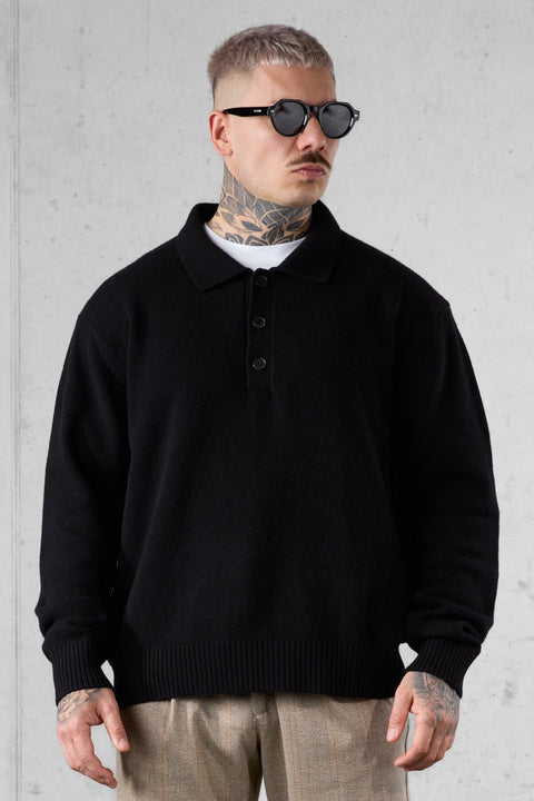 BLACK KNIT POLO SWEATER