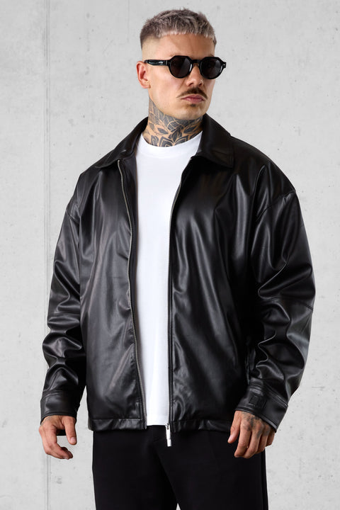 BLACK VEGAN LEATHER OVERSIZED JACKET