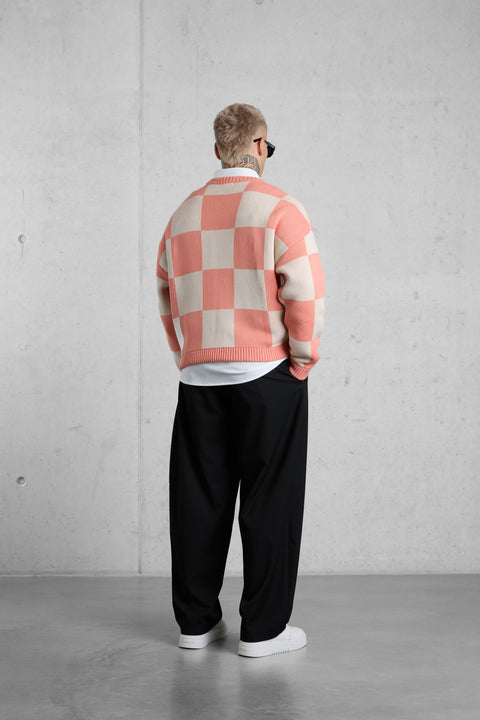 SALMON CHECKERED KNIT SWEATER